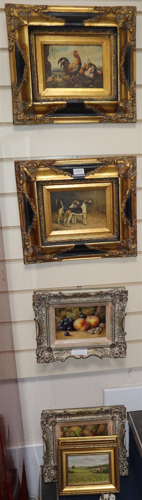 John Smith, pair of oils on board, Still lifes of fruit, 11 x 16cm, two small landscapes by Denis Blow and two